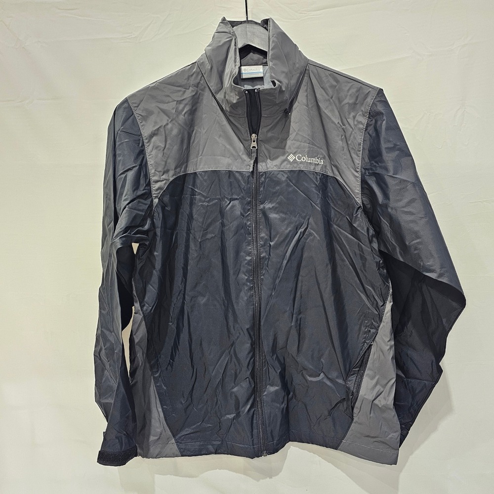 Columbia Mens Medium Gray Black Full Zip Windbreaker Jacket Tucked Hooded